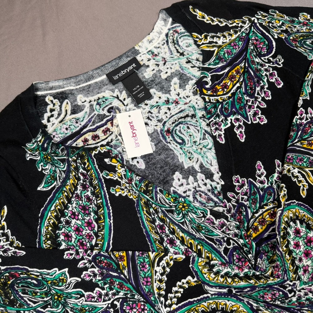 Lane Bryant Paisley Cardigan‎ Womens 14/16 Black Multi Rhinestone Button Office